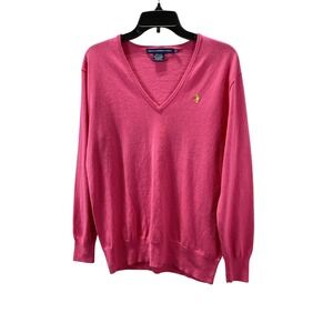 Ralph Lauren Sport Womens Pink V-Neck Cotton Blend Pony Logo Sweater Large